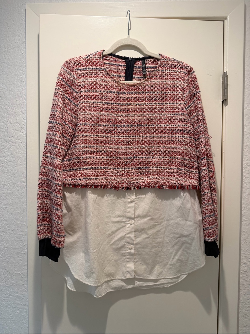 Zara Pink Tweed Layered-Look Sweatshirt with White Shirt Hem